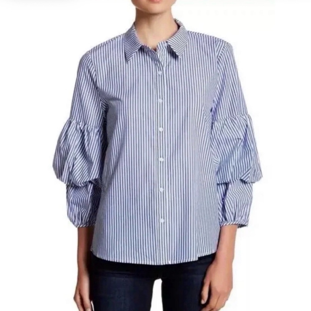 Ro & De Pinstriped Blouse Puff Sleeves Blue White Cottagecore Medium